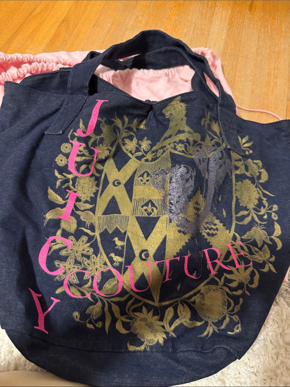 Juicy Couture Navy Tote with Pink Logo and Gold Crest denim color